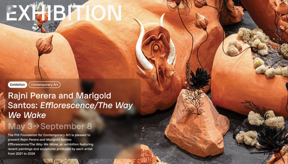 Screenshot of the webpage for the "Rajni Perera and Marigold Santos: Efflorescence/The Way We Wake" exhibition, featuring an artistic arrangement of large, orange organic sculptures and delicate black sculptures, mimicking a surreal, otherworldly landscape.